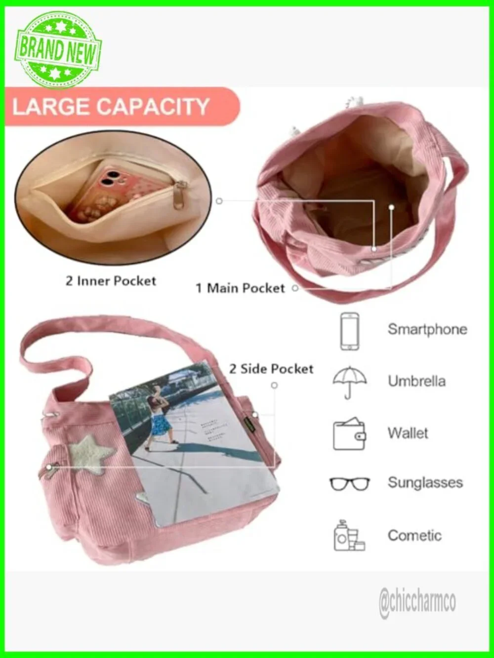 Corduroy Crossbody Tote Bag with Adjustable Strap, Large Capacity Hobo
